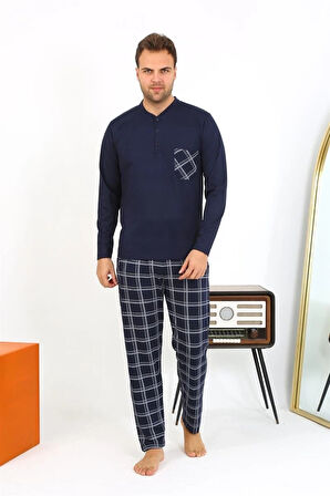 Giyim Erkek Uzun Kol Penye Lacivert Pijama Takımı
