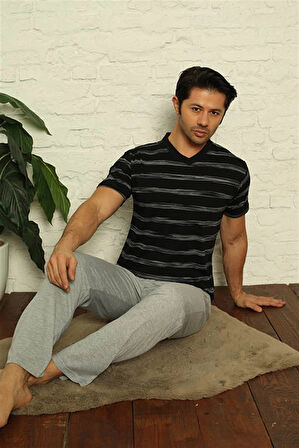 Giyim Erkek Siyah V Yaka 3'lü Pijama Takım