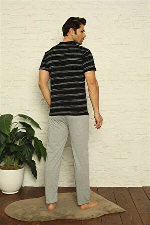 Giyim Erkek Siyah V Yaka 3'lü Pijama Takım