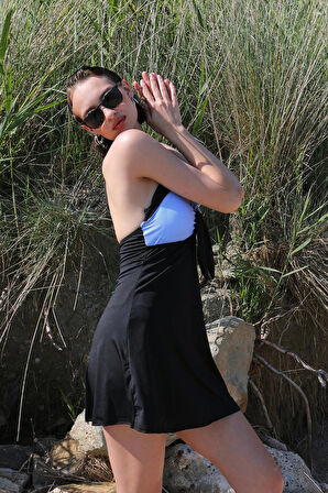 Giyim Kadın Likralı Şortlu Fiyonklu Elbise Mayo Mavi