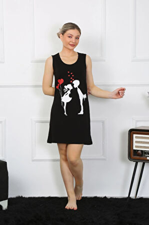 Giyim Kadın Kalın Askılı Penye Diz Üstü Siyah Gecelik