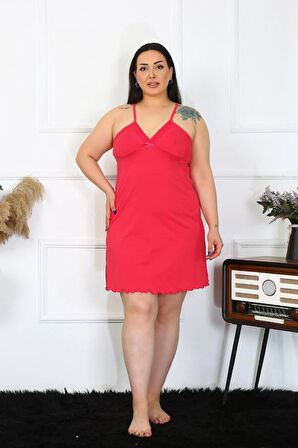 Giyim Kadın Pamuklu Fuşya İp Askılı Büyük Beden Gecelik