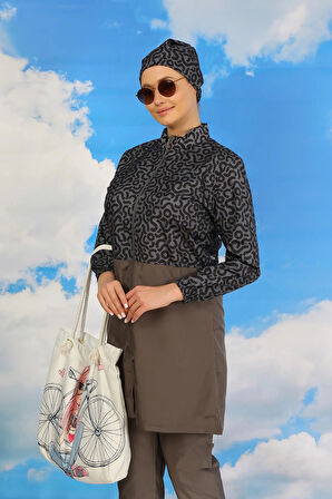 Giyim Kadın Pantolonlu Desenli Tam Tesettür Mayo Füme