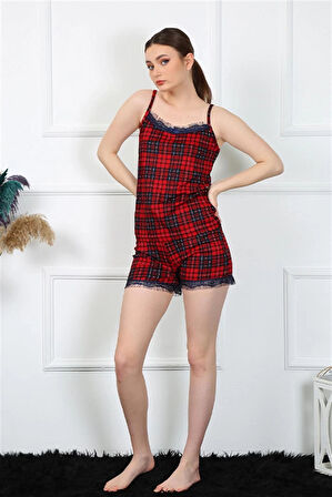 Giyim Kadın İp Askılı Ekoseli Şortlu Takım Kırmızı
