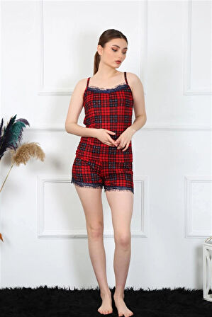 Giyim Kadın İp Askılı Ekoseli Şortlu Takım Kırmızı