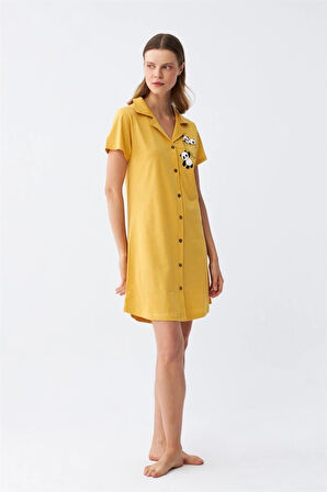 Giyim Kadın Pamuk Penye Kısa Kol Düğmeli Sarı Tunik Gecelik
