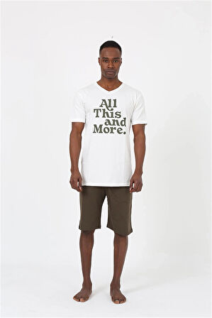 Giyim Erkek Kısa Kol Ekru Penye Şortlu Pijama Takımı