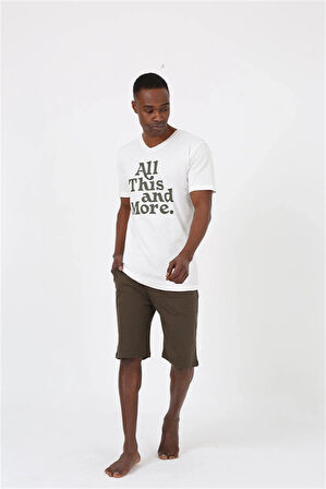 Giyim Erkek Kısa Kol Ekru Penye Şortlu Pijama Takımı