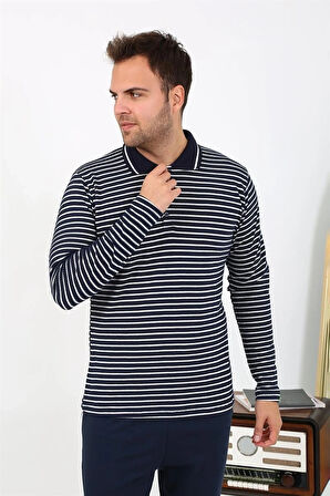 Giyim Erkek Polo Yaka Uzun Kol Penye Pijama Takımı Lacivert