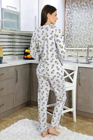 Giyim Kadın Pamuk Penye Önden Düğmeli Uzun Kol Pijama Takım Gri