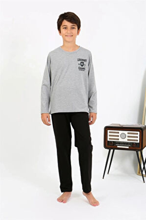 Giyim Erkek Çocuk Uzun Kol Penye Pijama Takım Gri