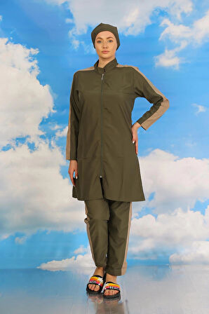Giyim Kadın Pantolonlu Kolu Şeritli Tam Tesettür Mayo Haki