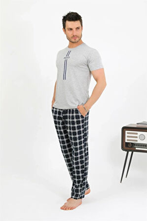 Giyim Erkek Pamuk Kısa Kol Pijama Takım Gri