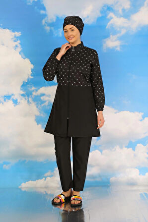 Giyim Kadın Pantolonlu Desenli Tam Tesettür Mayo Siyah