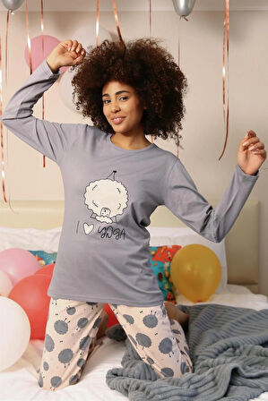 Giyim Kadın Penye Uzun Kol Pijama Takım Gri