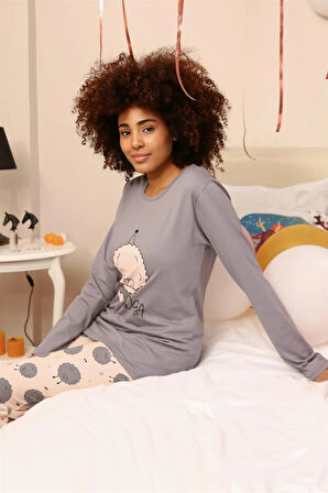 Giyim Kadın Penye Uzun Kol Pijama Takım Gri