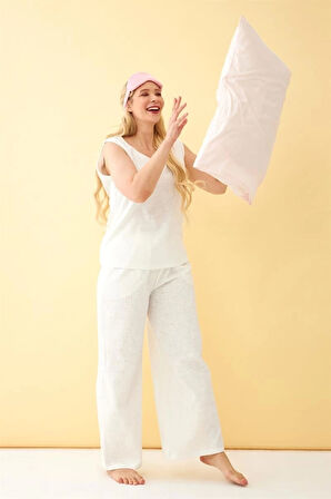 Giyim Kadın Ekru Keten Jakarlı Büyük Beden Alt Üst Takım