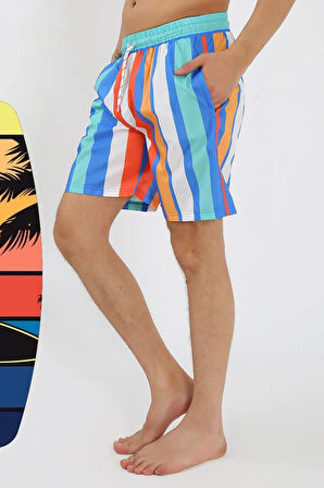 Giyim Erkek Desenli Fermuar Cepli Deniz Şortu Mavi