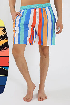 Giyim Erkek Desenli Fermuar Cepli Deniz Şortu Mavi