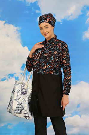 Giyim Kadın Pantolonlu Desenli Tam Tesettür Mayo Siyah