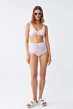 Giyim Kadın Pembe Pedli Üst ve Pastel Desenli Yüksek Bel Bikini Takımı