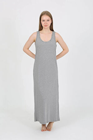 Giyim Kadın Kalın Askılı Yırtmaçlı Uzun Gri Gecelik