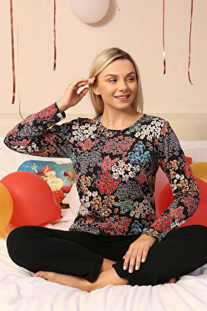 Giyim Kadın Uzun Kol Penye Pijama Takım Siyah