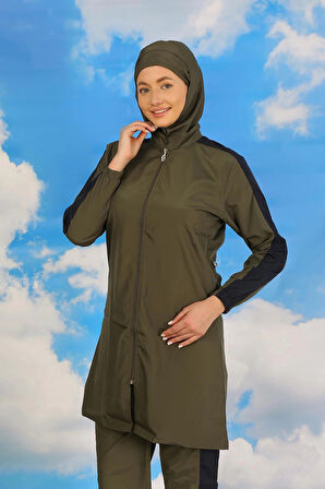 Giyim Kadın Pantolonlu Kolu Şeritli Tam Tesettür Mayo Haki