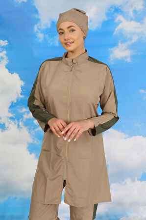 Giyim Kadın Pantolonlu Kolu Şeritli Tam Tesettür Mayo Bej