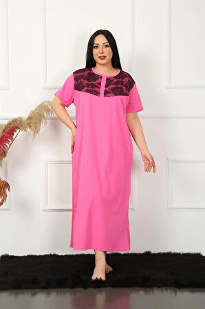 Giyim Büyük Beden Dantelli Kısa Kol Fuşya Anne Gecelik