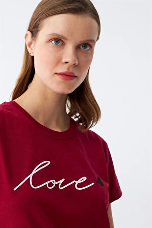 Giyim Kadın Bordo Kalp Desenli Kapri Pijama Takımı