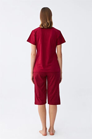 Giyim Kadın Bordo Kalp Desenli Kapri Pijama Takımı
