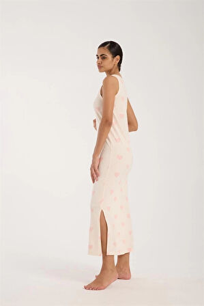 Giyim Kadın Kalın Askılı Yırtmaçlı Uzun Pudra Gecelik