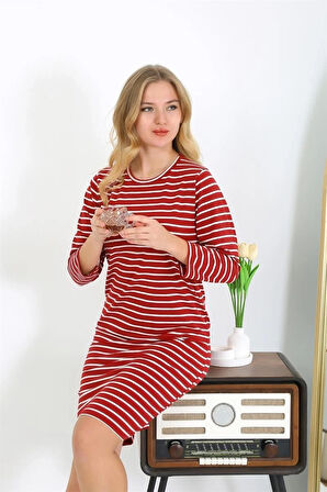 Giyim Pamuk Ev Elbisesi Tunik Gecelik Kırmızı