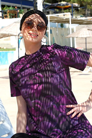 Giyim Kısa Kol Güllü Yarım Tesettür Mayo Mor