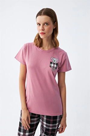 Giyim Kadın Somon Ayıcık Baskılı Ekoseli Penye Pijama Takımı