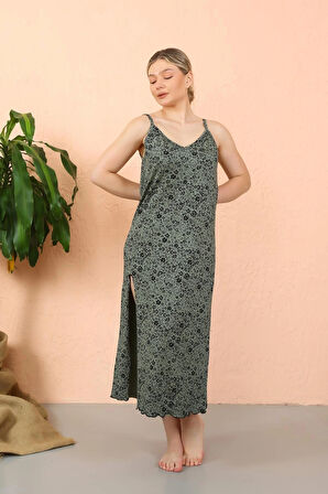 Giyim Kadın İp Askılı Yırtmaçlı Uzun Haki Gecelik