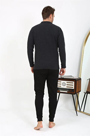 Giyim Erkek Polo Yaka Uzun Kol Penye Pijama Takımı Antrasit