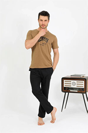 Giyim Erkek Pamuk Kısa Kol Pijama Takım Vizon