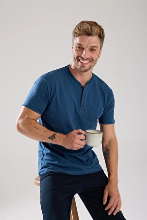 Giyim Erkek İndigo Düğmeli Yaka Kısa Kol Pijama Takımı