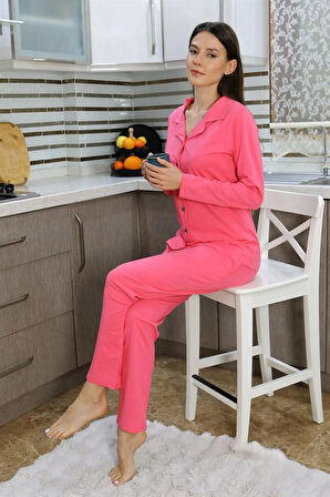 Giyim Kadın Pamuk Penye Önden Düğmeli Uzun Kol Pijama Takım Pembe