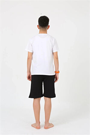 Giyim Erkek Genç Garson Boy Kısa Kol Beyaz Penye Şortlu Pijama Takımı