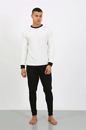 Giyim Erkek Uzun Kol Manşetli Paça Penye Pijama Takımı Beyaz