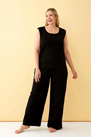 Giyim Kadın Siyah Keten Jakarlı Büyük Beden Alt Üst Takım