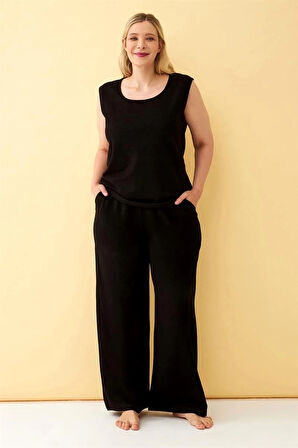 Giyim Kadın Siyah Keten Jakarlı Büyük Beden Alt Üst Takım