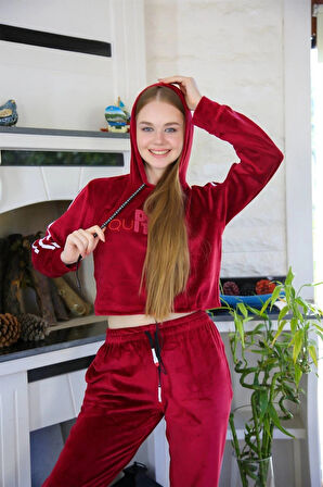 Giyim Kadın Kadife Kapşonlu Eşofman Takım Bordo