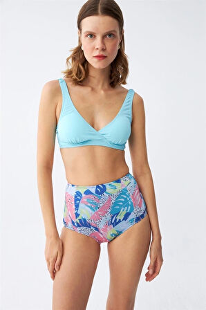 Giyim Kadın Pedli Üst Tropik Desenli Yüksek Bel Bikini Takımı - Buz Mavisi