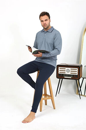 Giyim Erkek Polo Yaka Uzun Kol Penye Pijama Takımı Gri