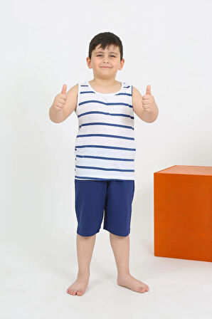 Giyim Erkek Çocuk Sıfır Kol Şortlu Beyaz Penye Pijama Takımı