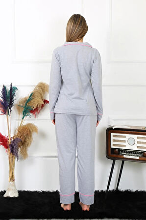 Giyim Kadın Pamuk Penye Önden Düğmeli Uzun Kol Gri Pijama Takım